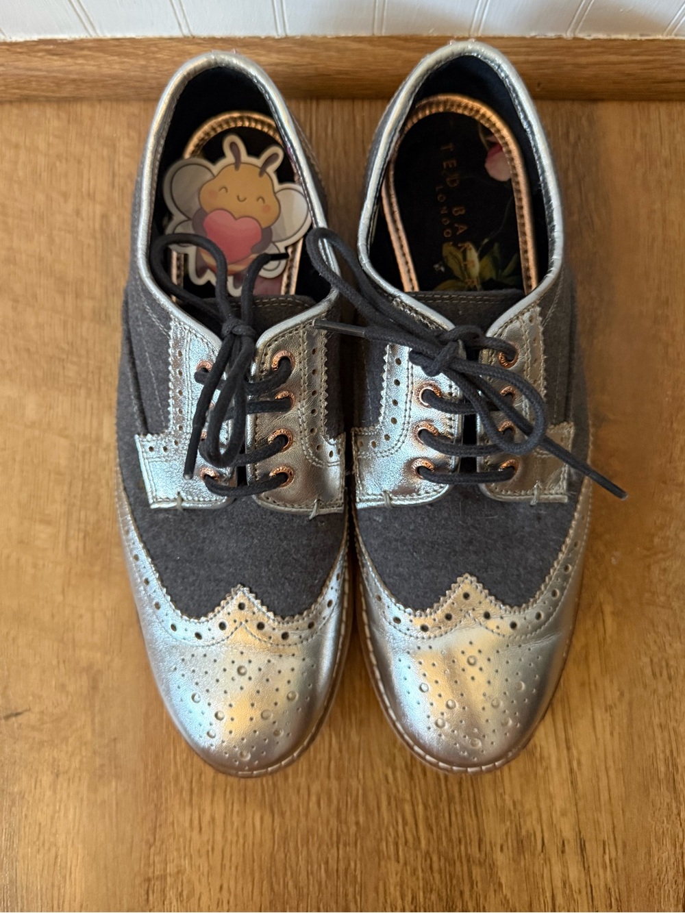 Ted Baker London Anoihe Silver Metallic & Suede Wingtip Brogue Oxfords